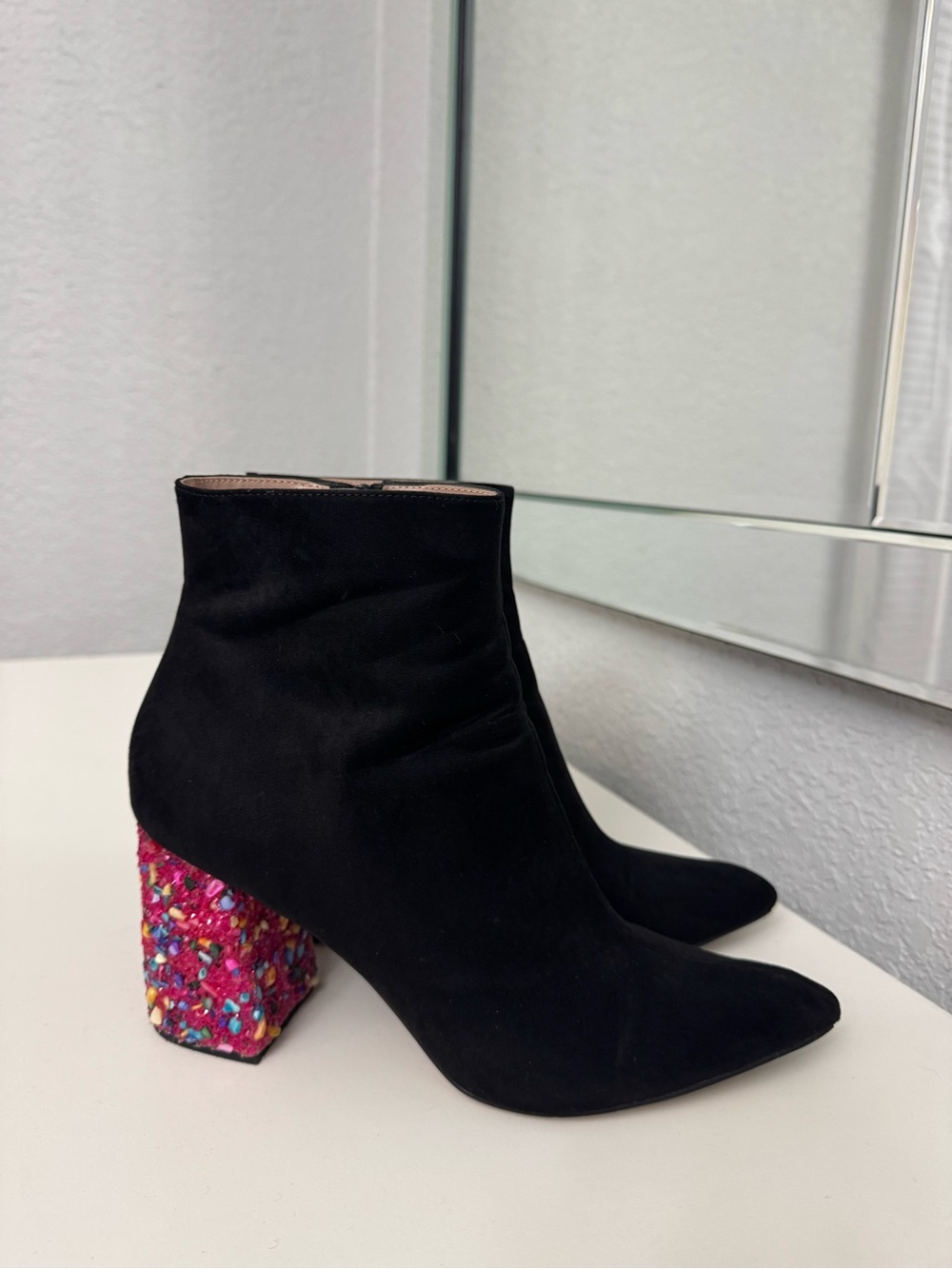 Betsey Johnson Black Suede Ankle Boots with Pink Multicolor Glitter Block Heel